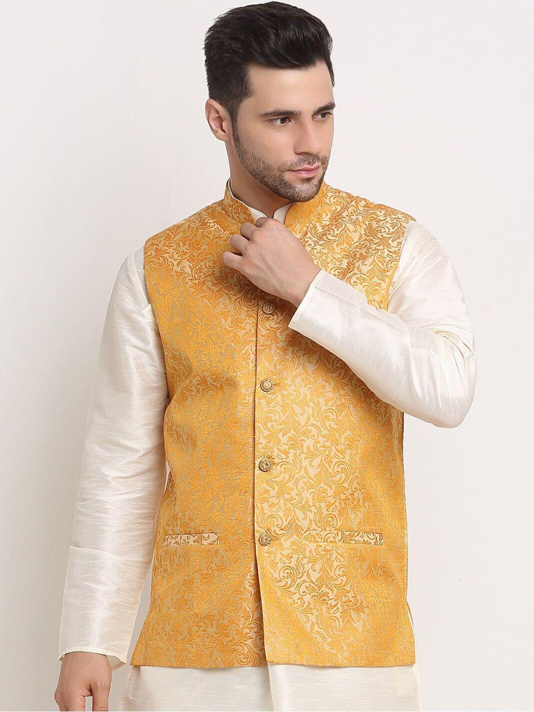 kraft india men beige jacquard woven design nehru jacket