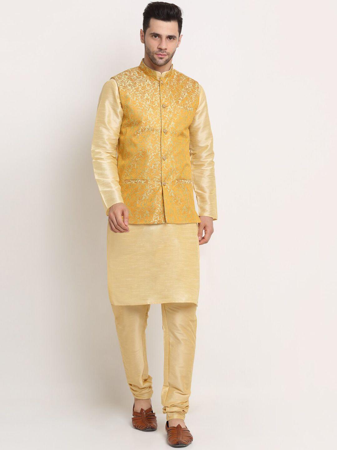 kraft india men beige kurta with pyjama with jacquard nehru jacket