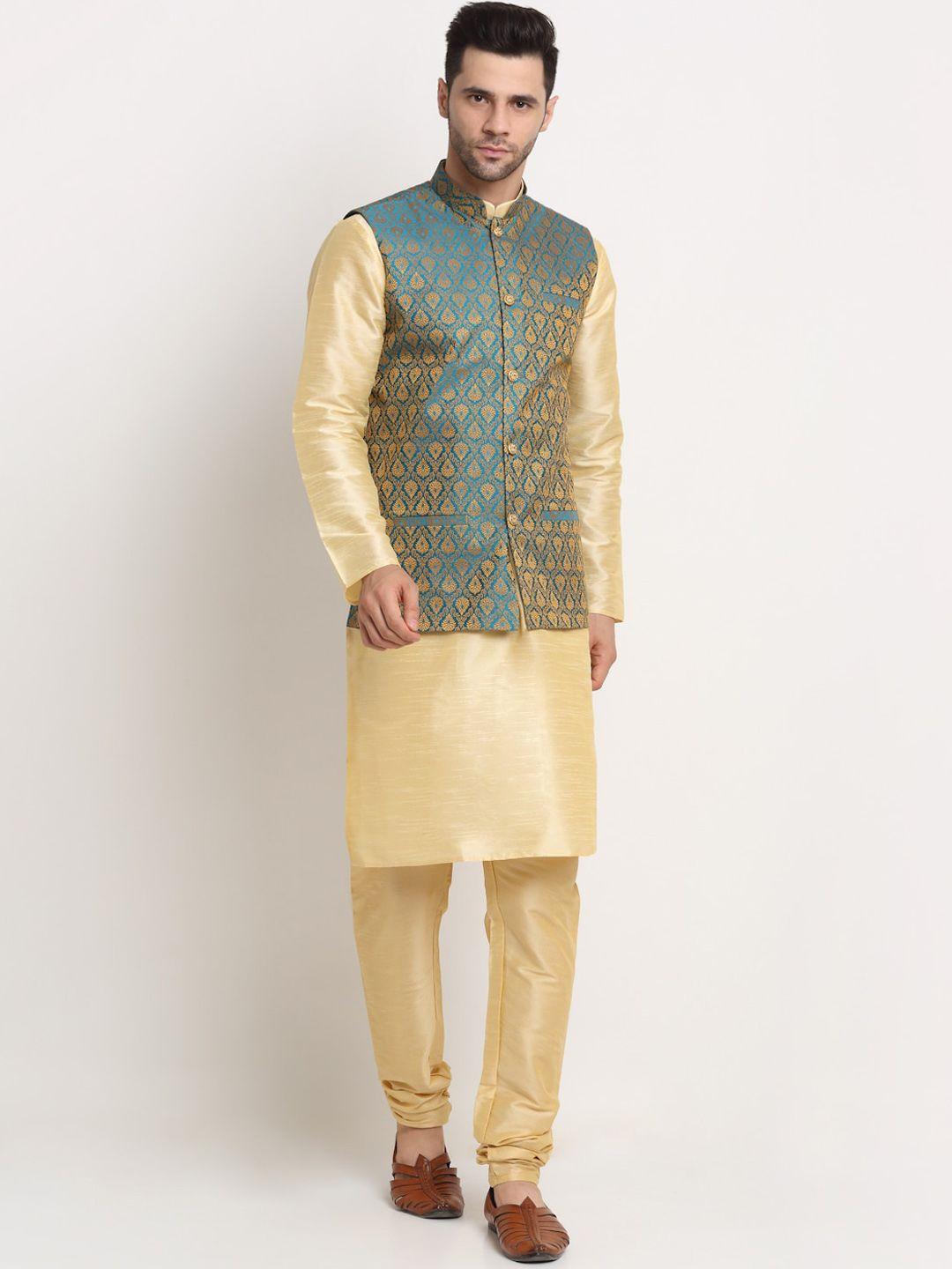 kraft india men beige paisley kurta with pyjamas & nehru jacket set