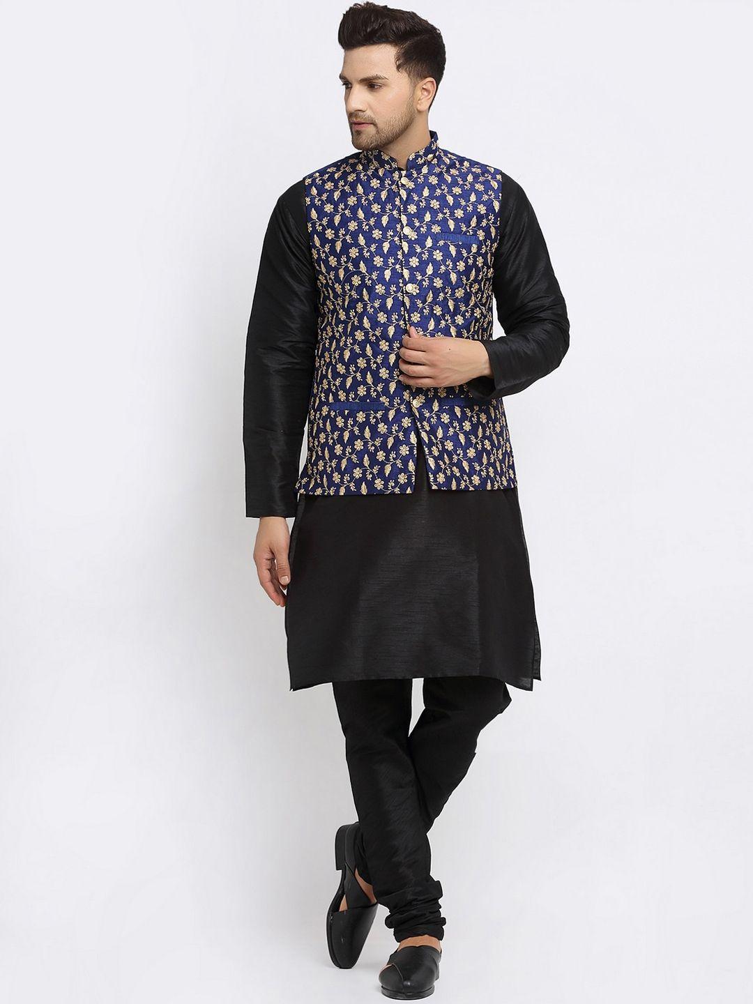 kraft india men black layered dupion silk kurta with churidar with nehru jacket