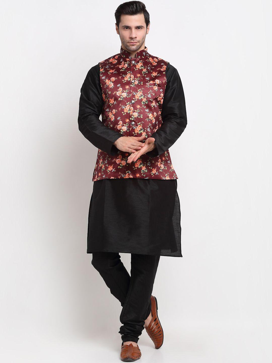 kraft india men black regular dupion silk kurta with churidar & nehru jacket