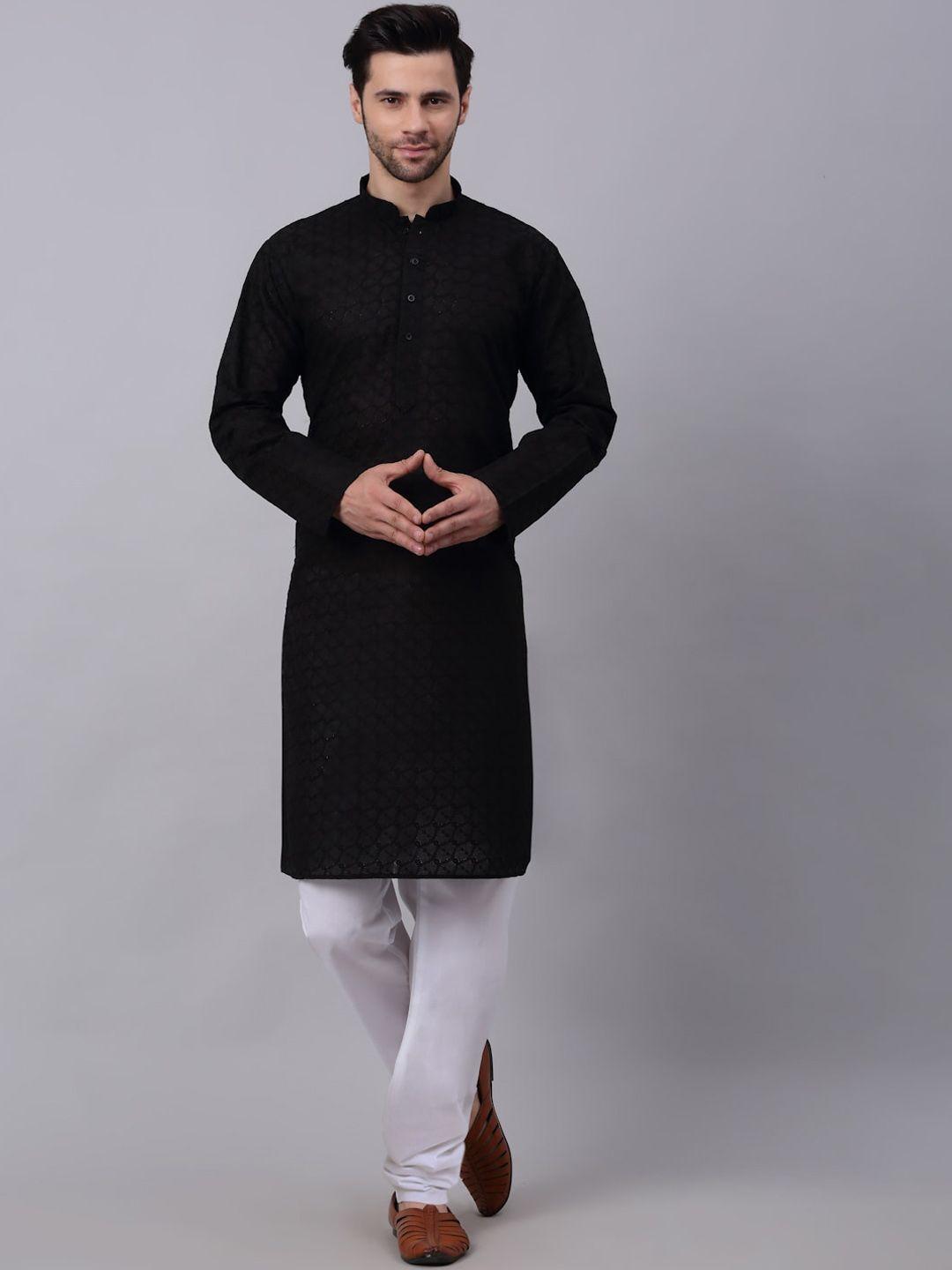 kraft india men black thread work cotton kurta