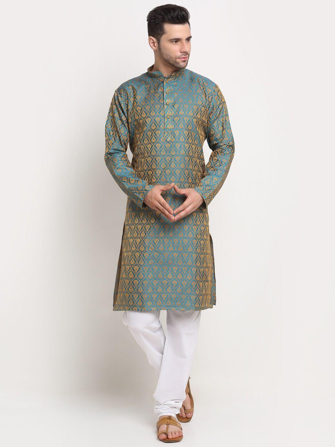 kraft india men blue & gold-toned ethnic motifs jacquard kurta