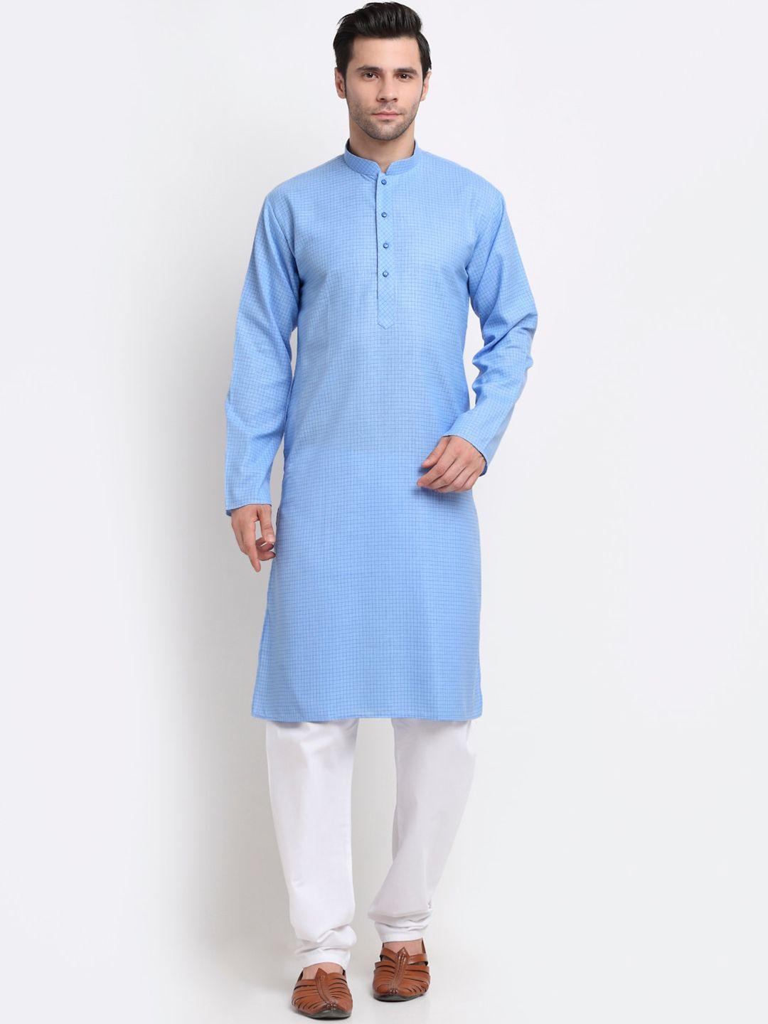 kraft india men blue thread work dobby kurta