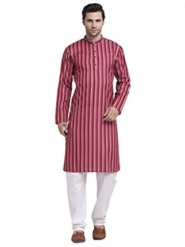 kraft india men cotton pink stripped kurta pyjama set size small