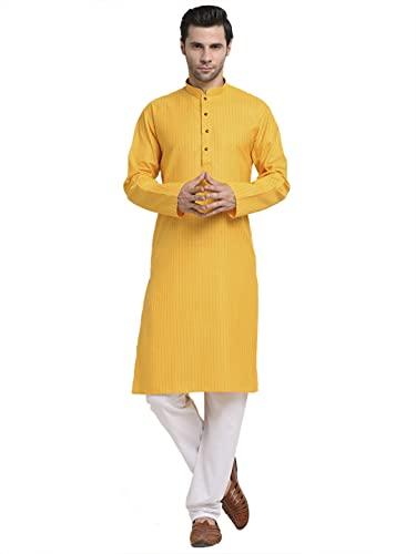 kraft india men cotton striped mustard kurta straight pyjama set size small