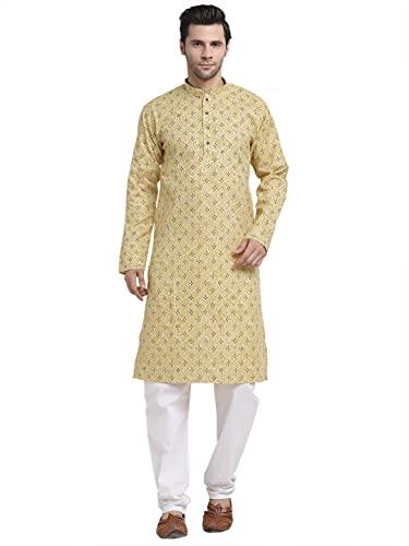 kraft india men cotton yellow printed kurta pyjama set size large