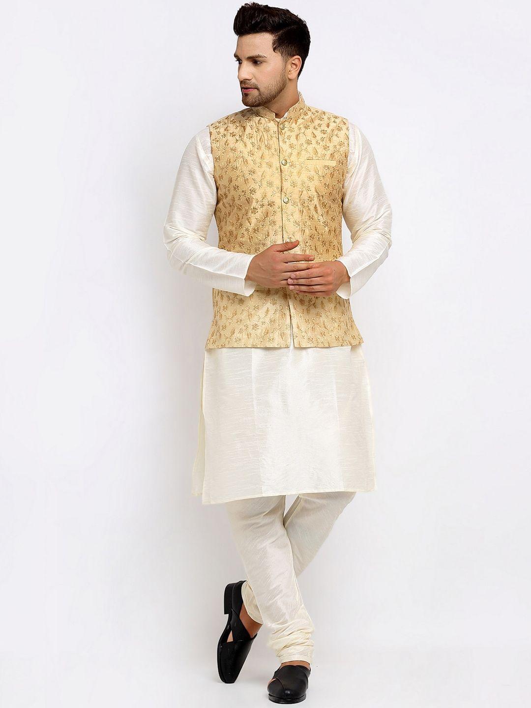 kraft india men cream-coloured & beige dupion silk kurta with churidar & nehru jacket