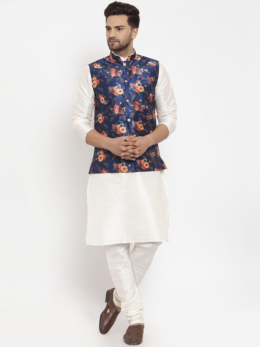 kraft india men cream-coloured & blue printed kurta with churidar & nehru jacket