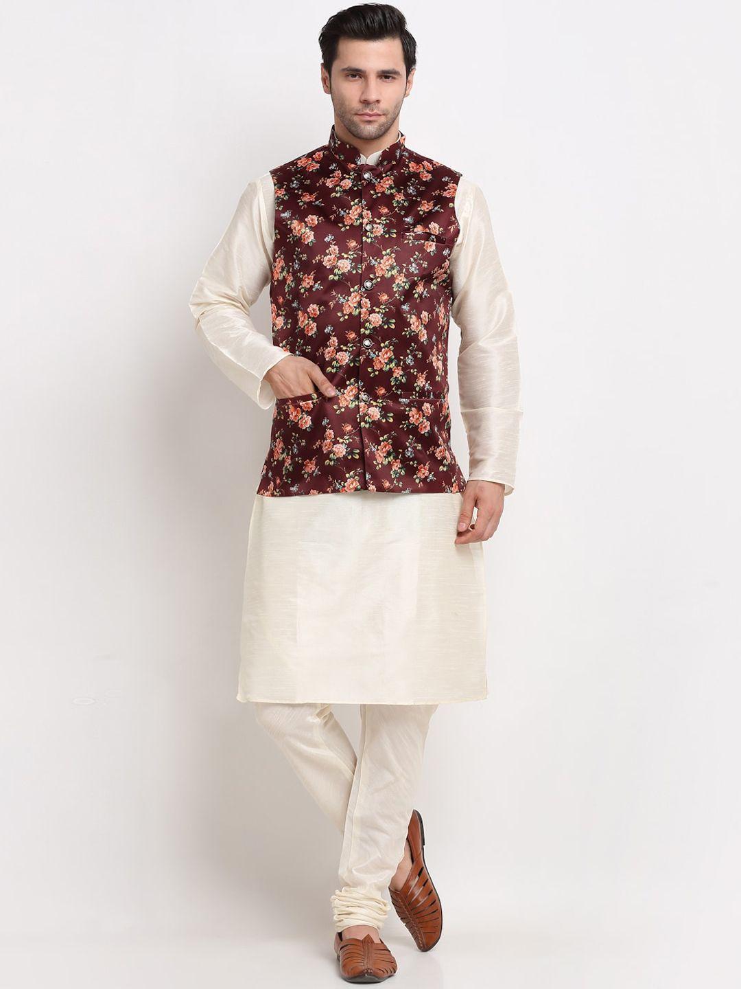 kraft india men cream-coloured regular dupion silk kurta with pyjamas & nehru jacket