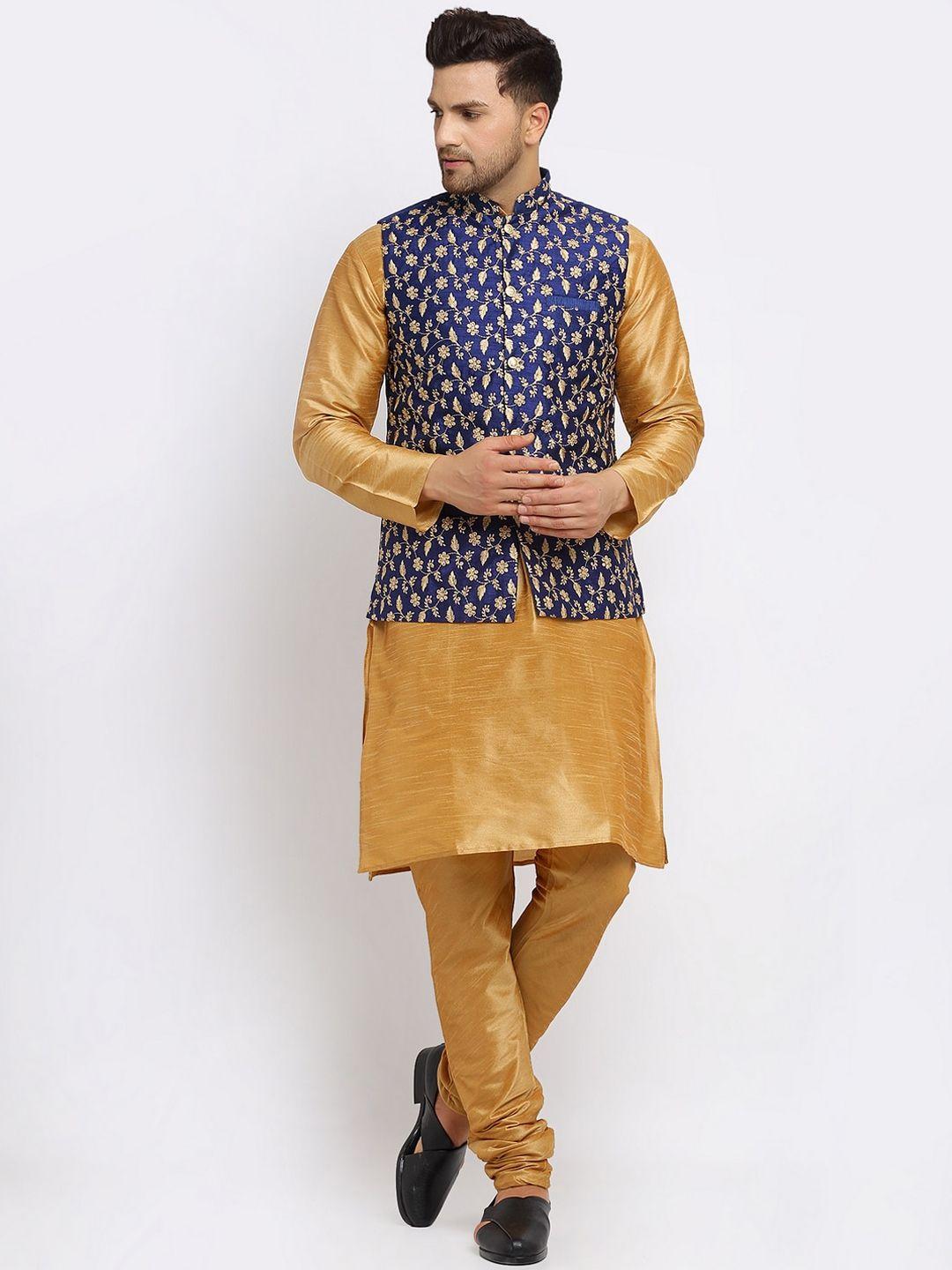kraft india men golden kurta & churidar with embroidered nehru jacket