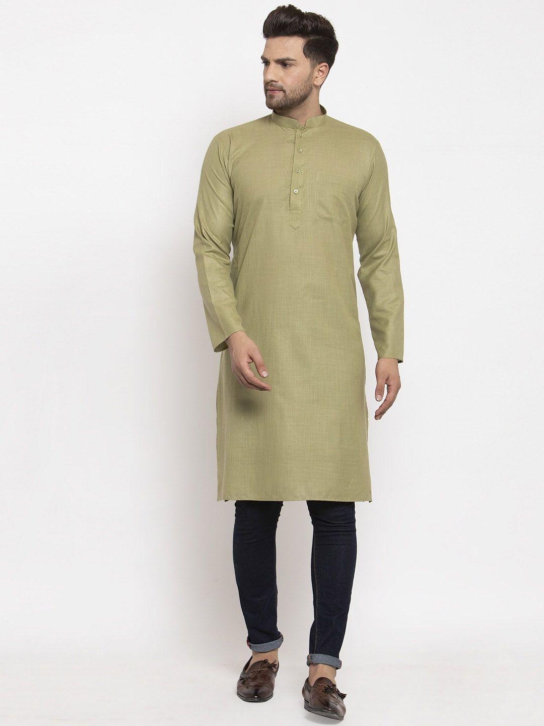 kraft india men green solid cotton kurta