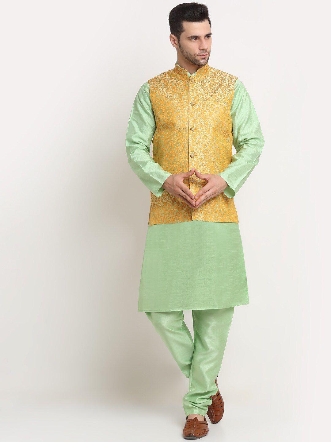 kraft india men green solid silk blend straight kurta with churidar & printed nehru jacket