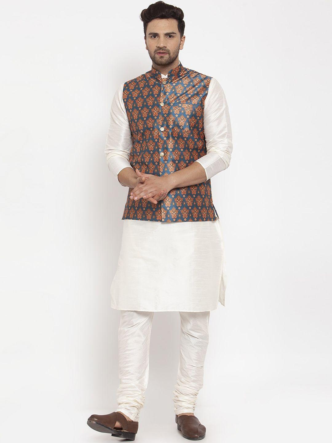 kraft india men kurta with churidar & printed nehru jacket