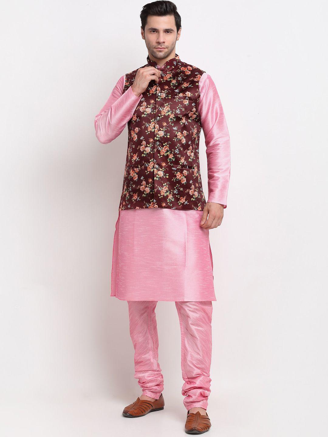 kraft india men kurta with churidar & printed nehru jacket