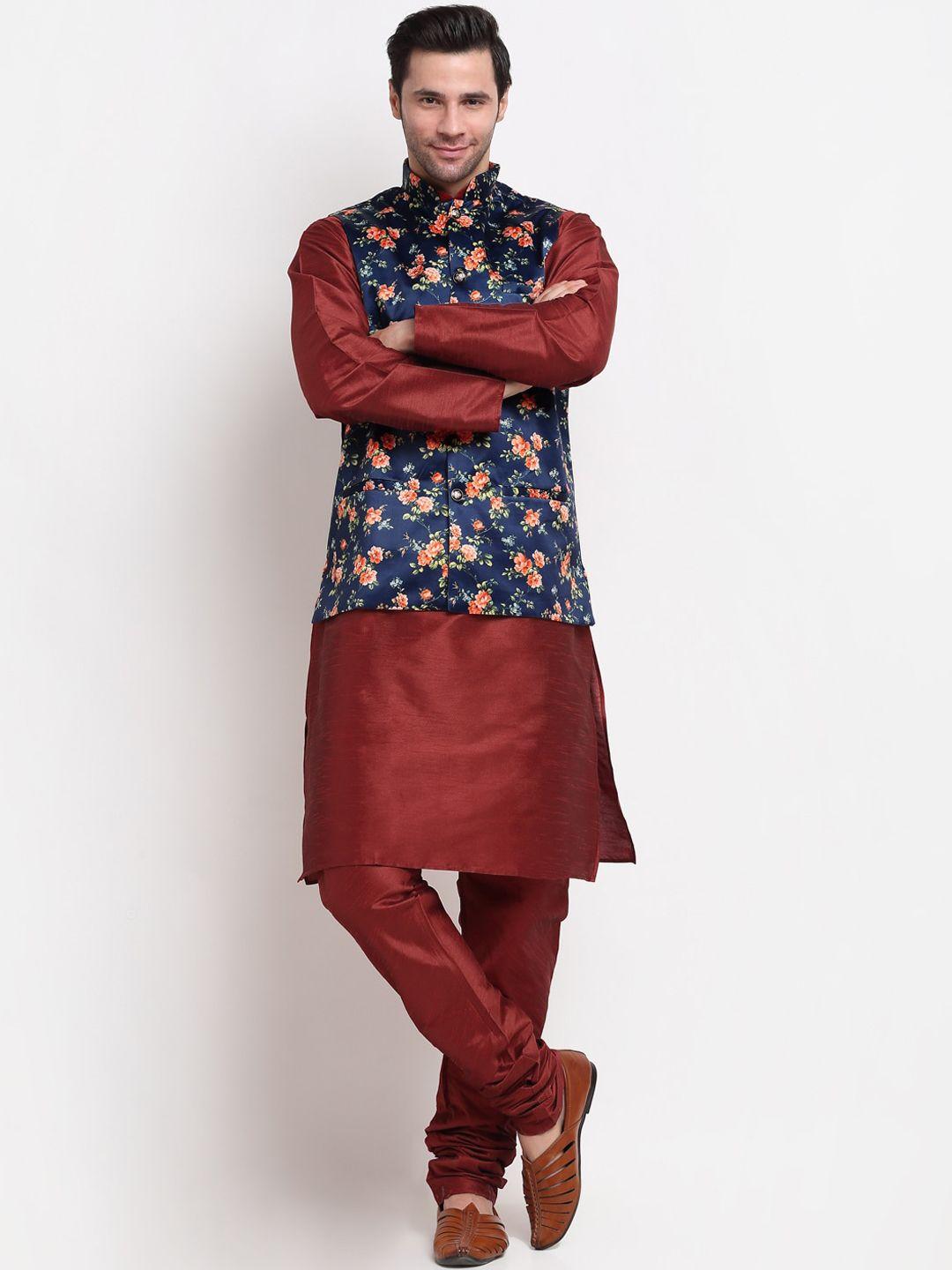 kraft india men maroon floral printed dupion silk kurta with churidar & nehru jacket