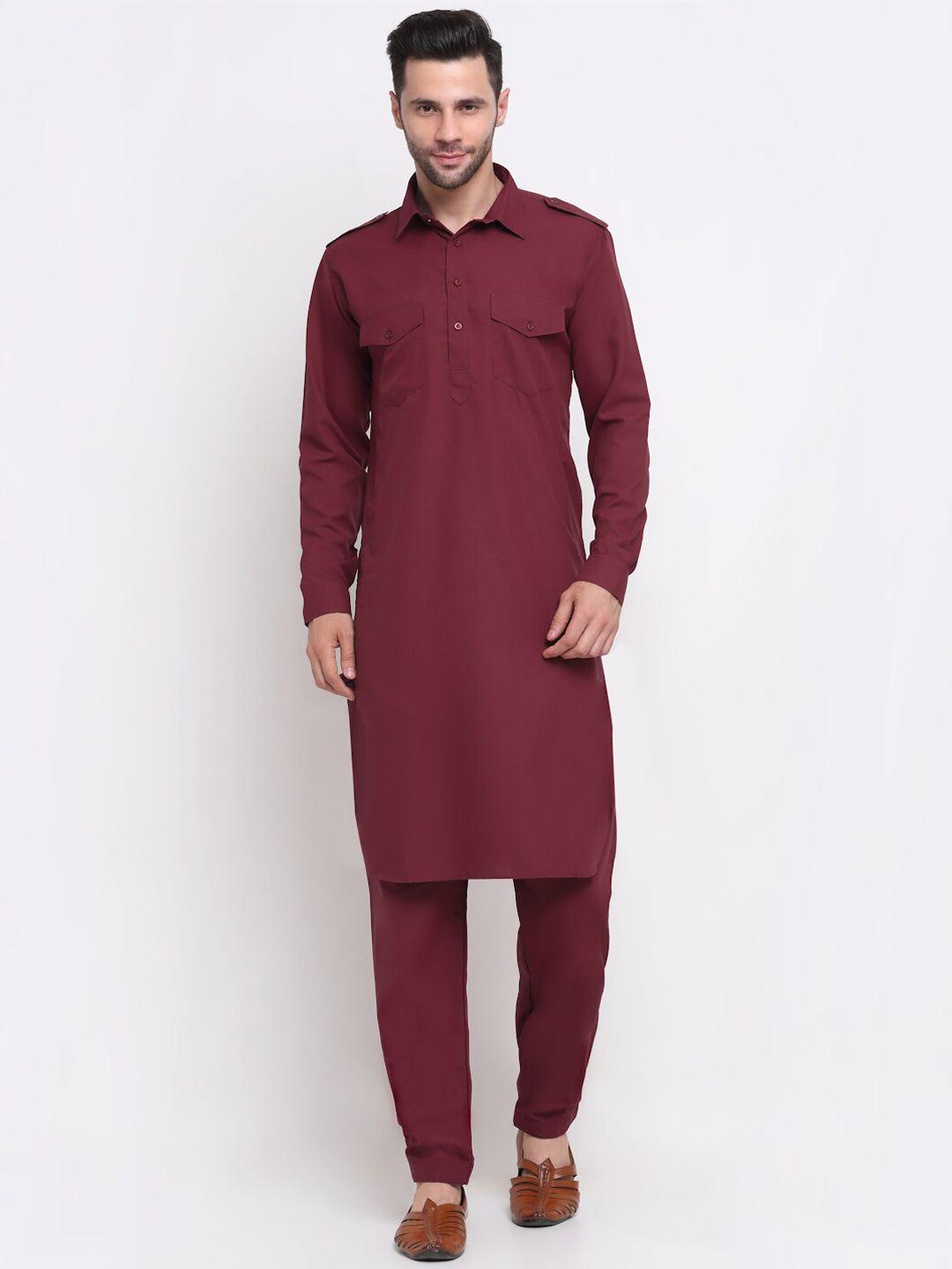 kraft india men maroon pure cotton pathani kurta with salwar