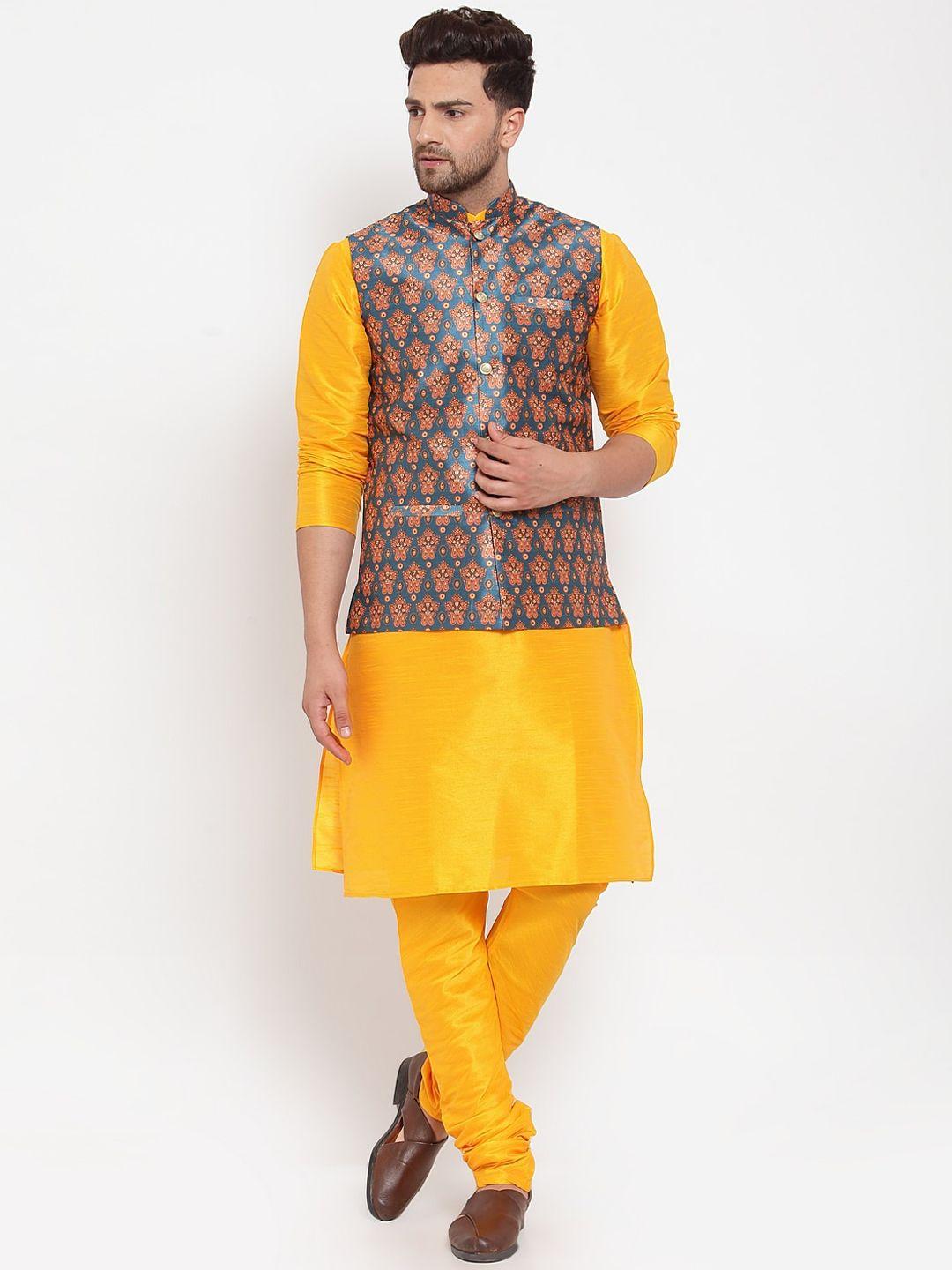kraft india men mustard yellow & teal printed kurta with churidar & nehru jacket