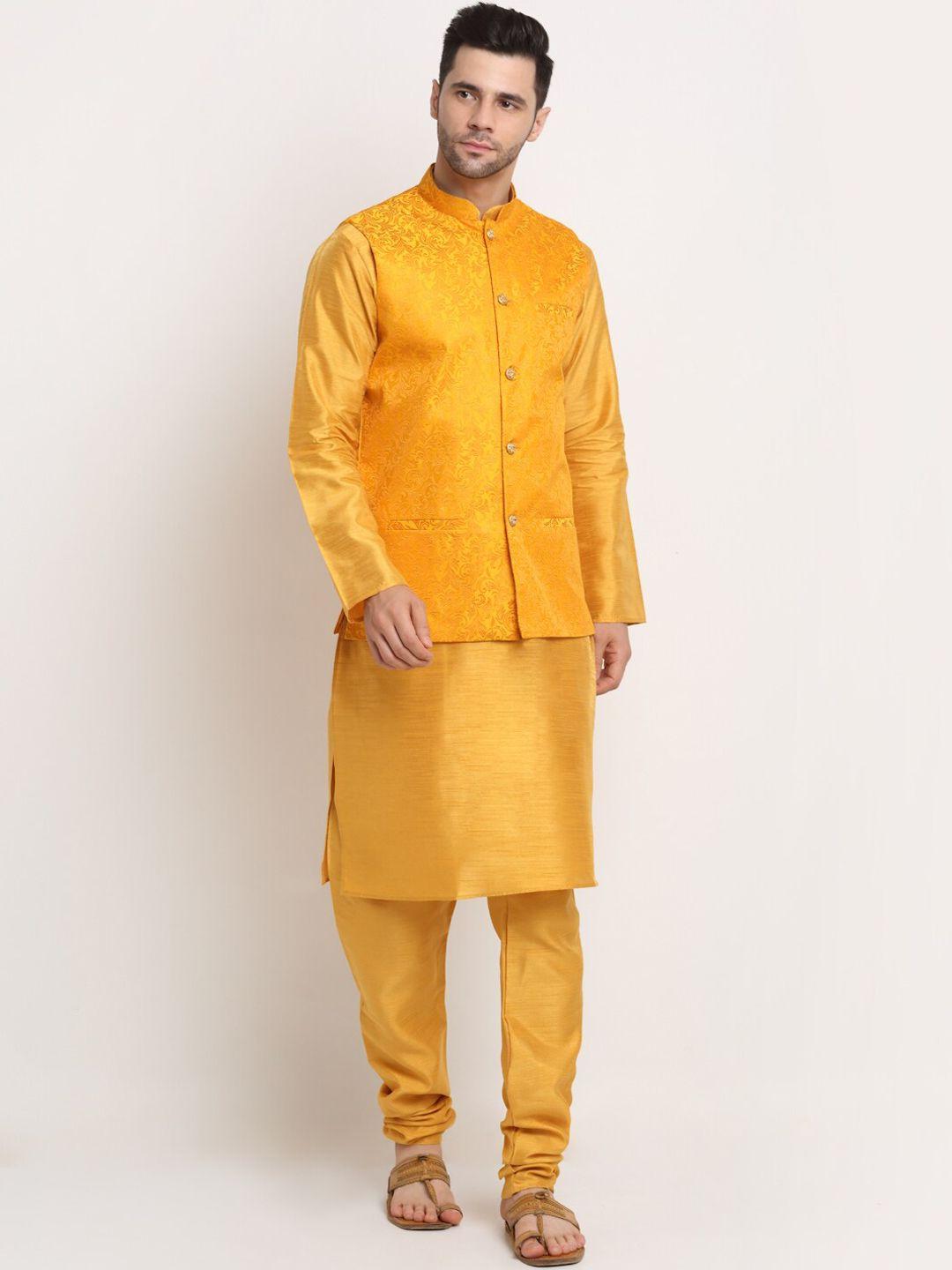 kraft india men mustard yellow ethnic motifs kurta & churidar with nehru jacket