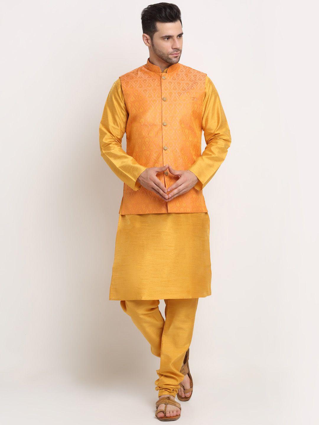 kraft india men mustard yellow ethnic motifs kurta with churidar and nehru jacket