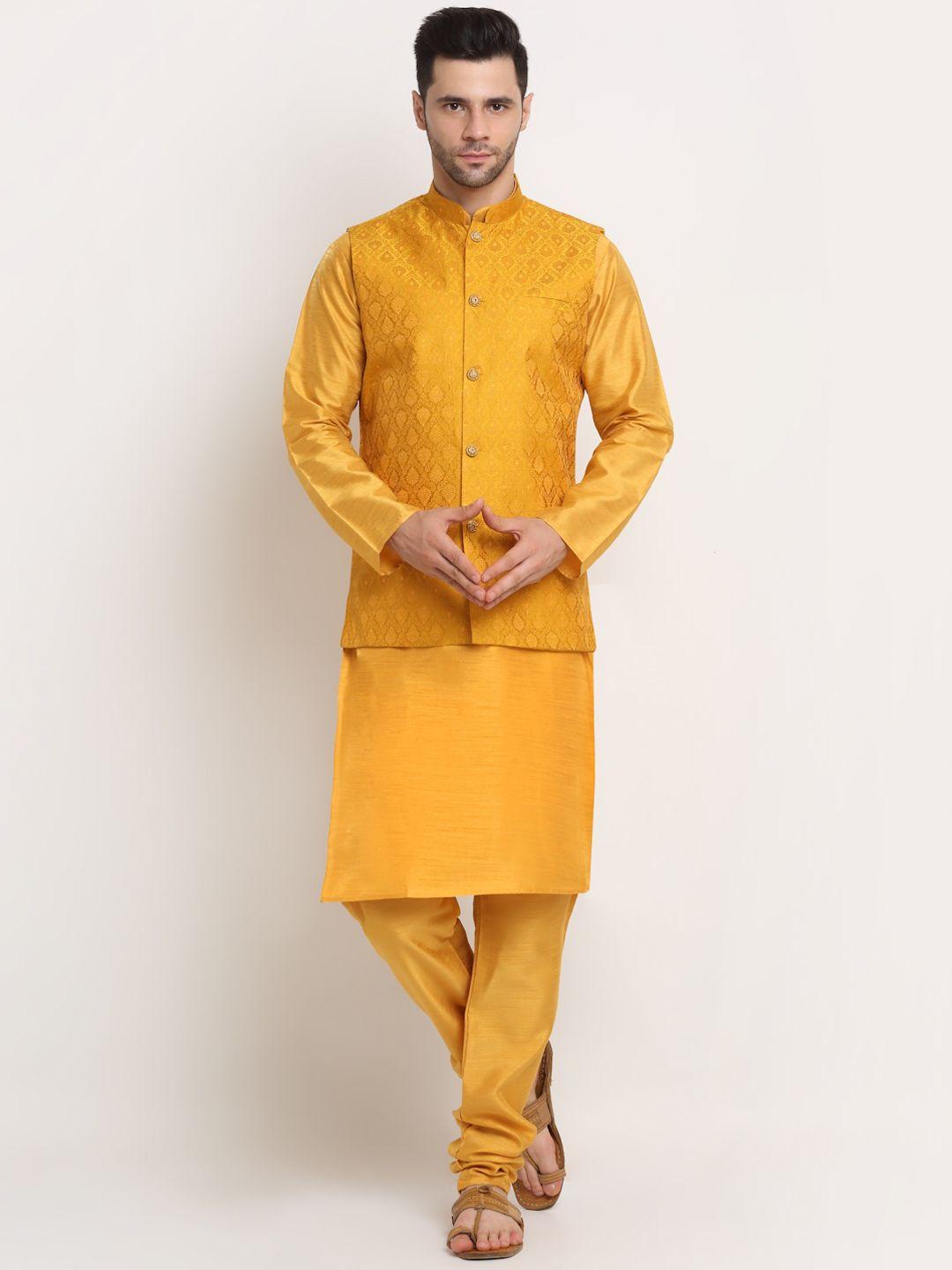 kraft india men mustard yellow ethnic motifs kurta with churidar and nehru jacket