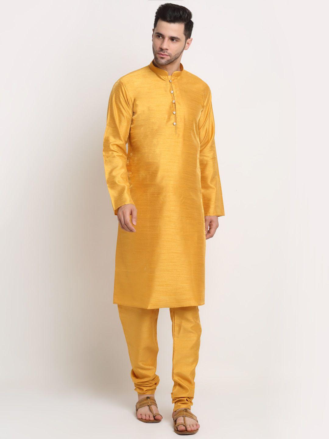 kraft india men mustard yellow ethnic motifs kurta with churidar with nehru jacket