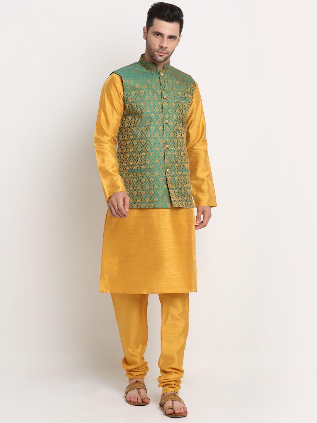 kraft india men mustard yellow ethnic motifs patchwork kurta & churidar with nehru jacket