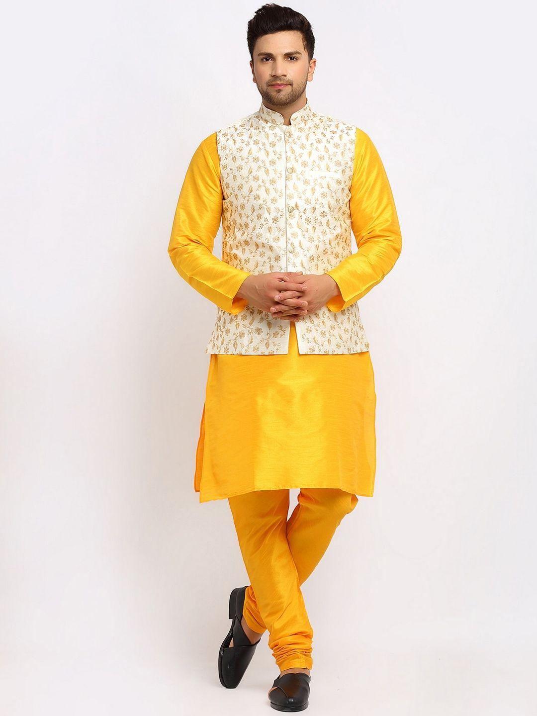 kraft india men mustard yellow kurta & churidar with embroidered nehru jacket