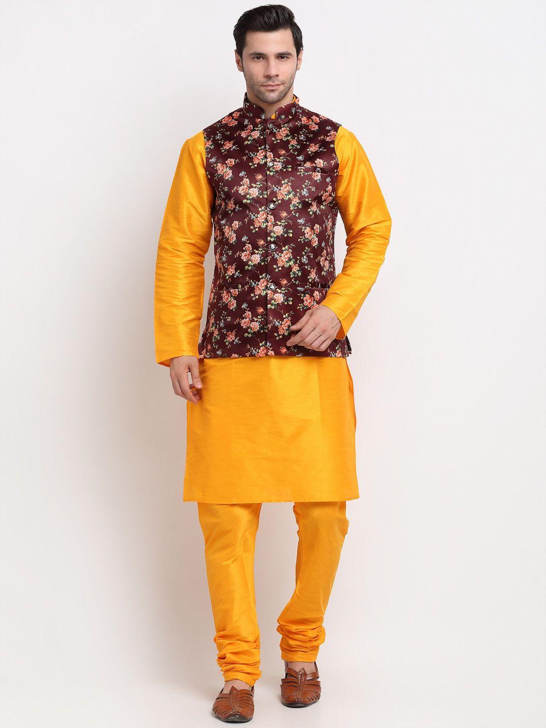 kraft india men mustard yellow regular dupion silk kurta with pyjamas