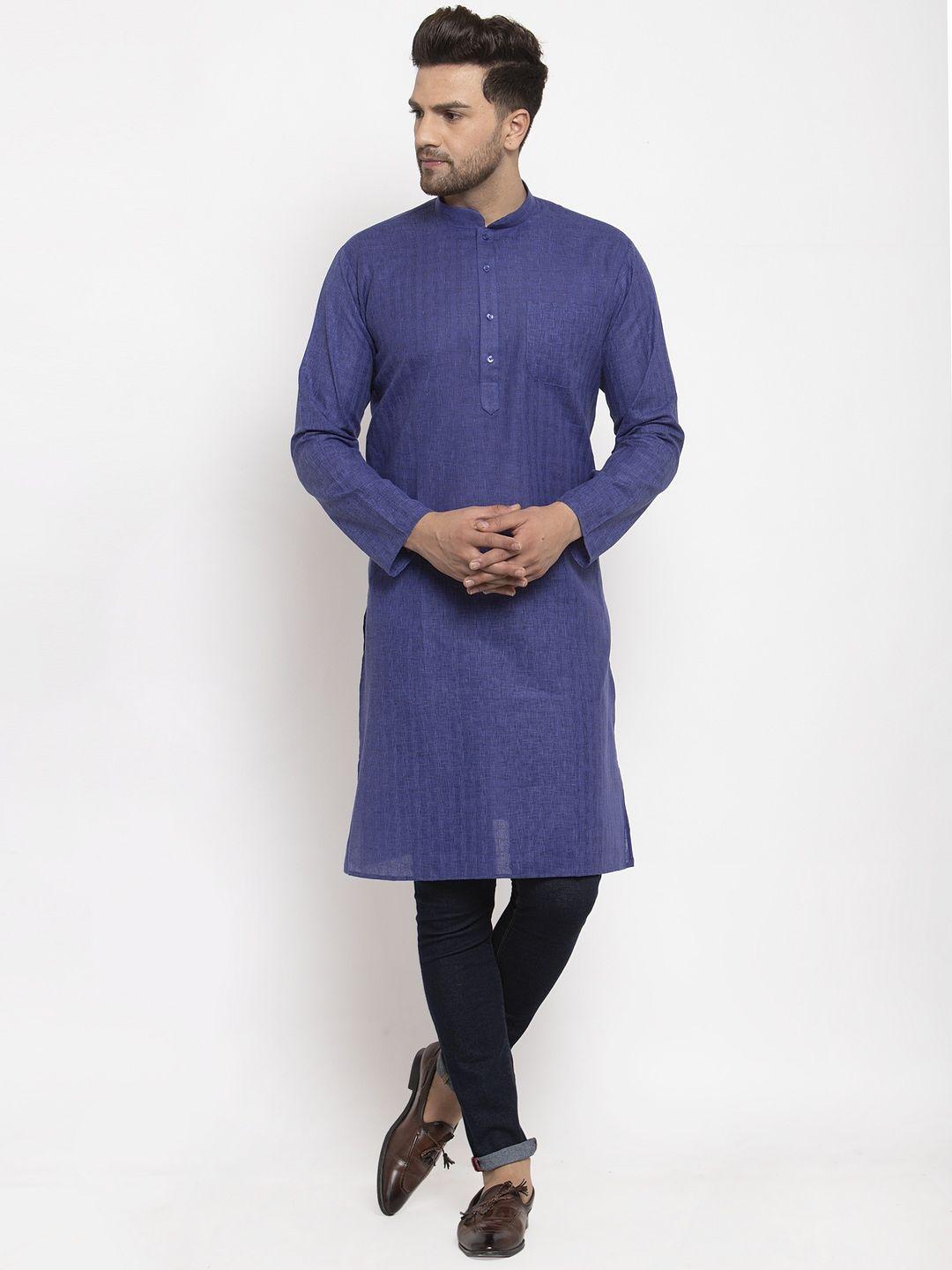 kraft india men navy blue checked straight kurta