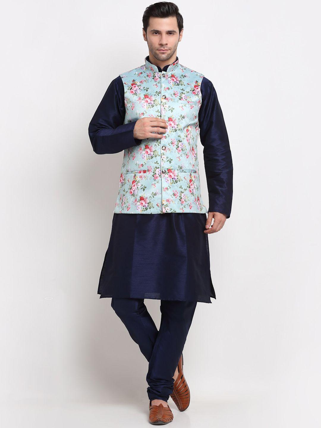 kraft india men navy blue layered dupion silk kurta with churidar & nehru jacket