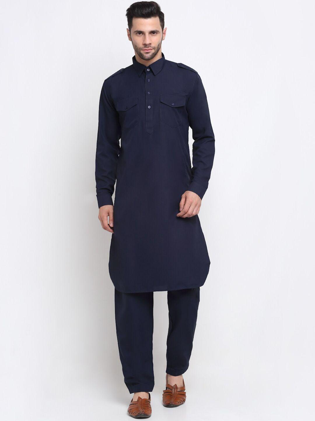 kraft india men navy blue pure cotton pathani kurta with salwar