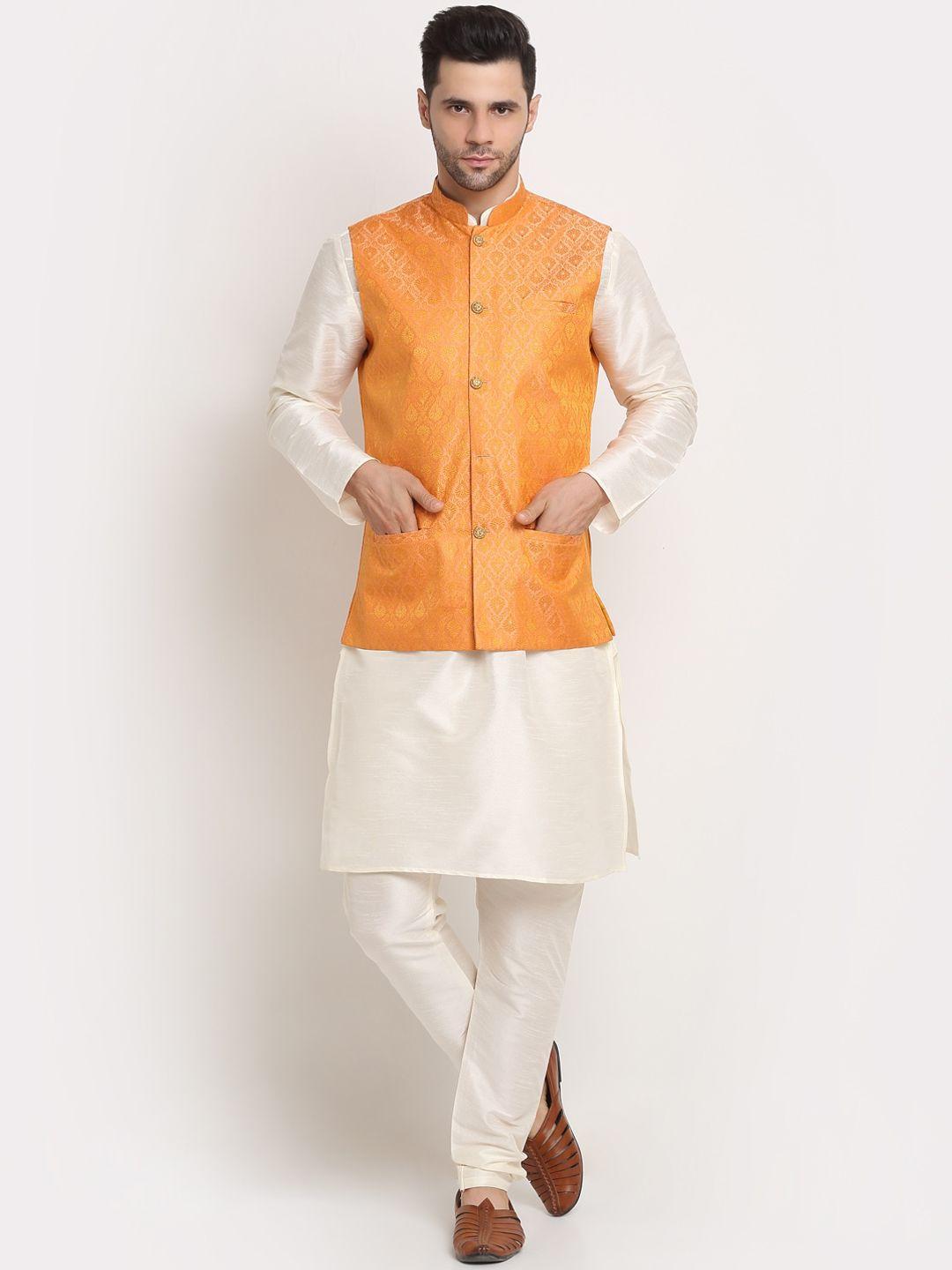 kraft india men off white kurta with churidar & jacquard nehru jacket