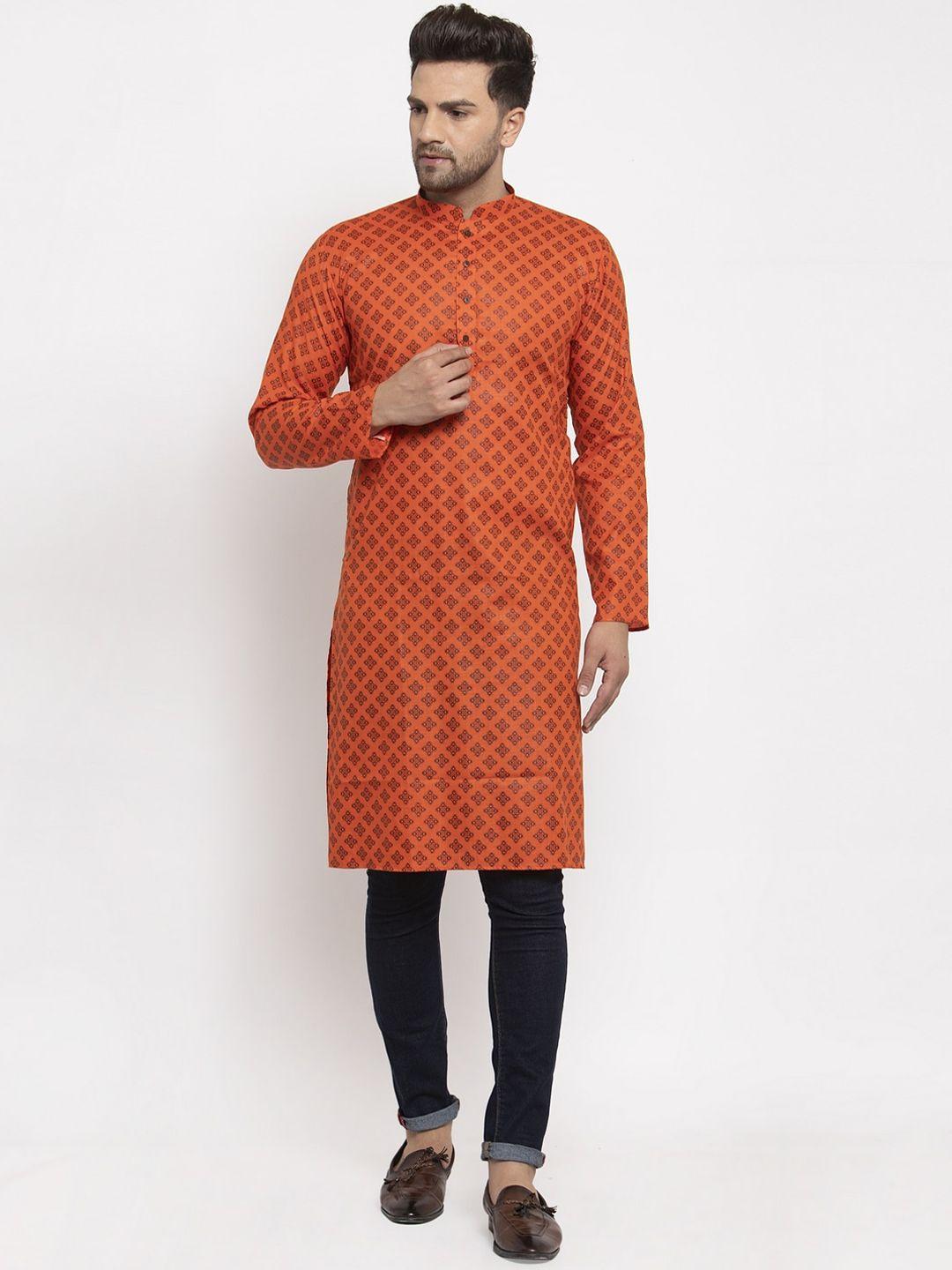 kraft india men orange printed cotton straight kurta