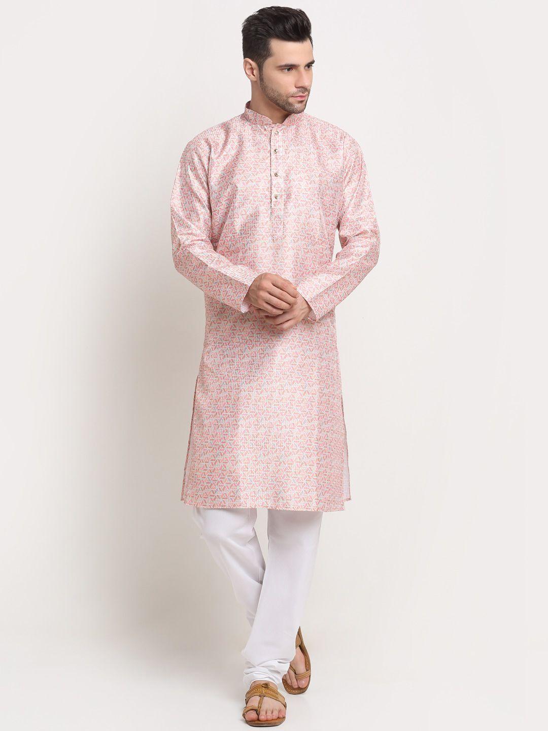 kraft india men pink geometric thread work kurta