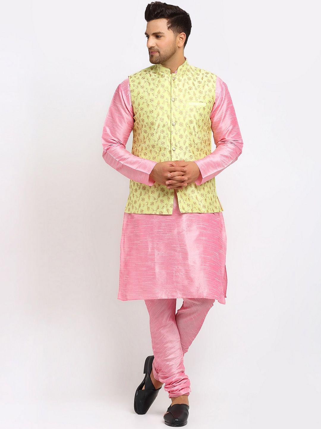 kraft india men pink kurta and churidar with embroidered lime green nehru jacket