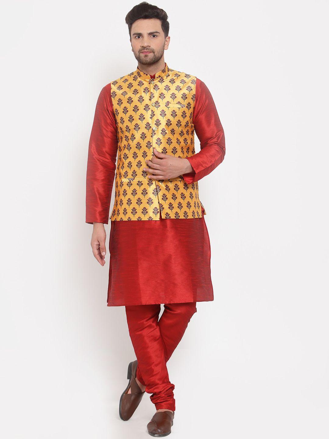 kraft india men red regular dupion silk kurta with churidar & printed nehru jacket