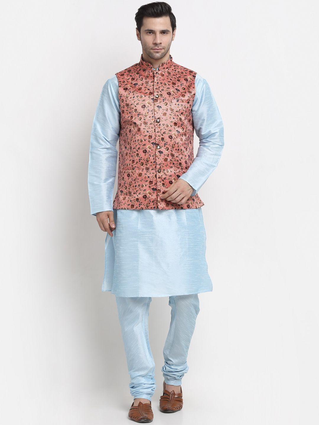 kraft india men regular dupion silk kurta with churidar & printed nehru jacket