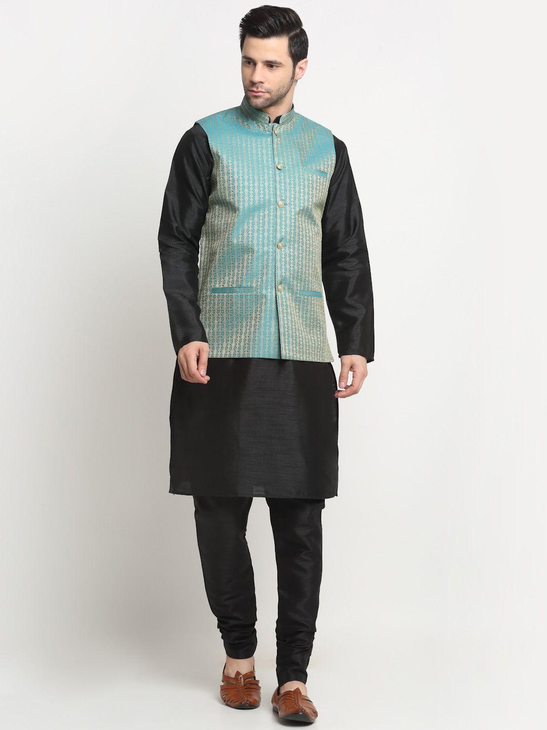 kraft india men regular pure silk kurta & churidar with nehru jacket set