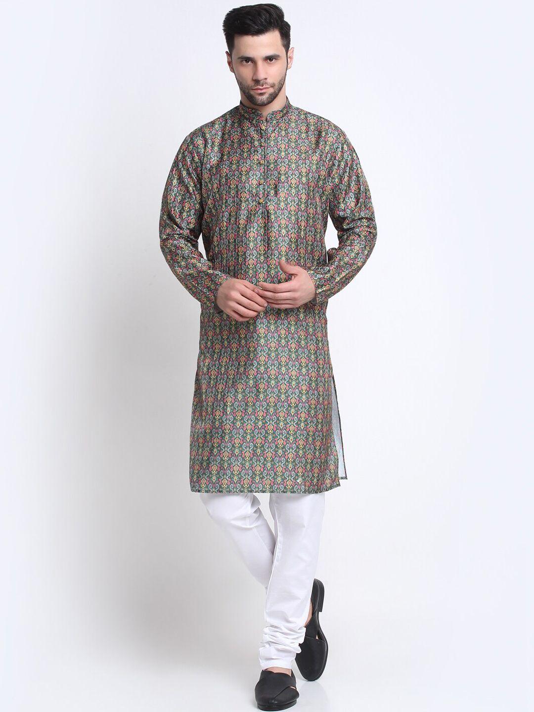 kraft india men silk floral printed jacquard kurta