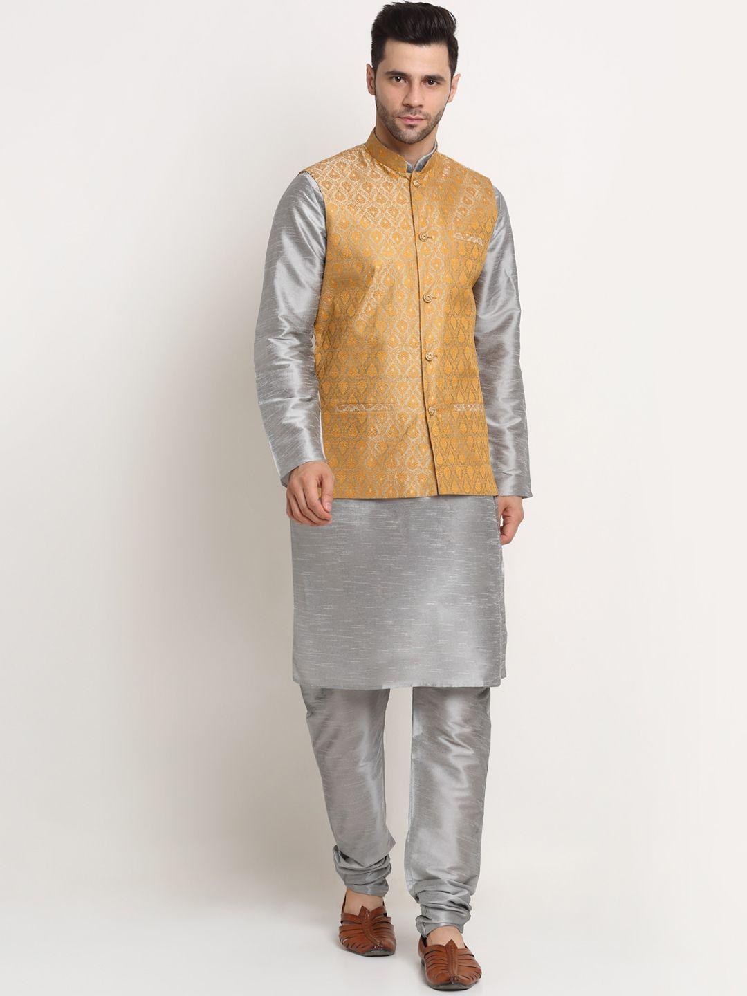 kraft india men silver & gold silk blend kurta with churidar & with printed nehru jacket