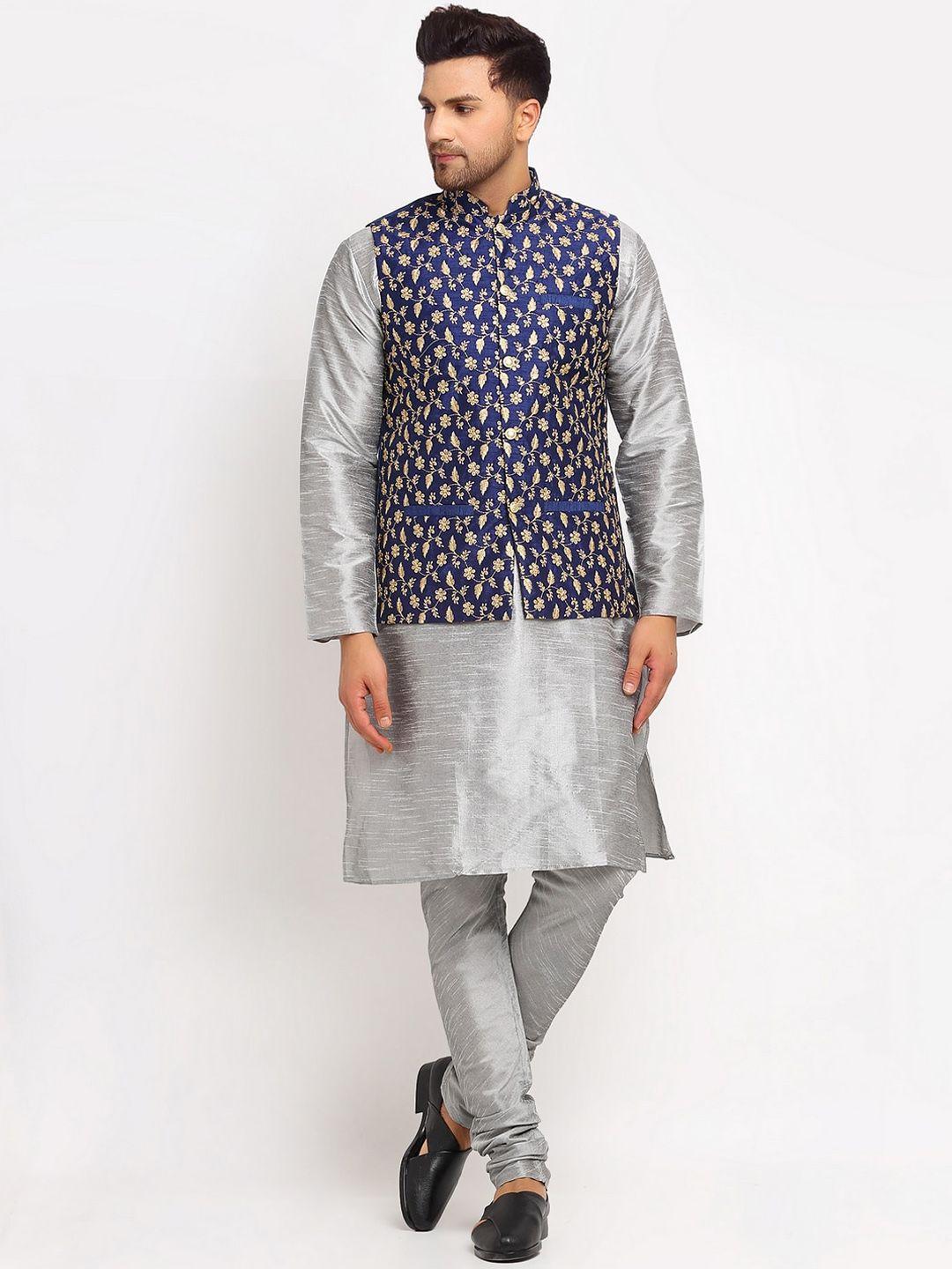 kraft india men silver-toned & navy blue layered dupion silk kurta set with nehru jacket