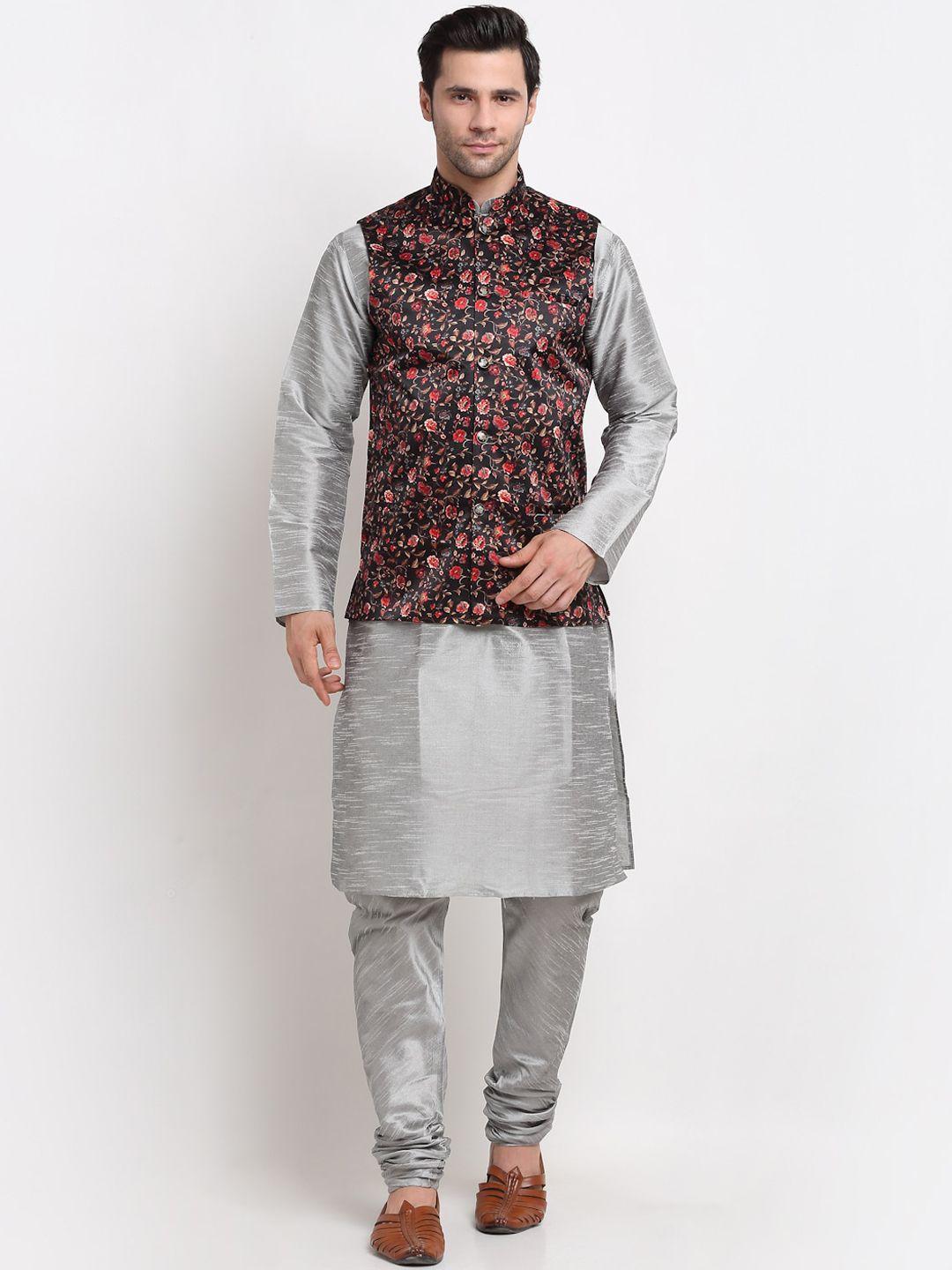 kraft india men silver-toned regular dupion silk kurta pyjamas with jacket