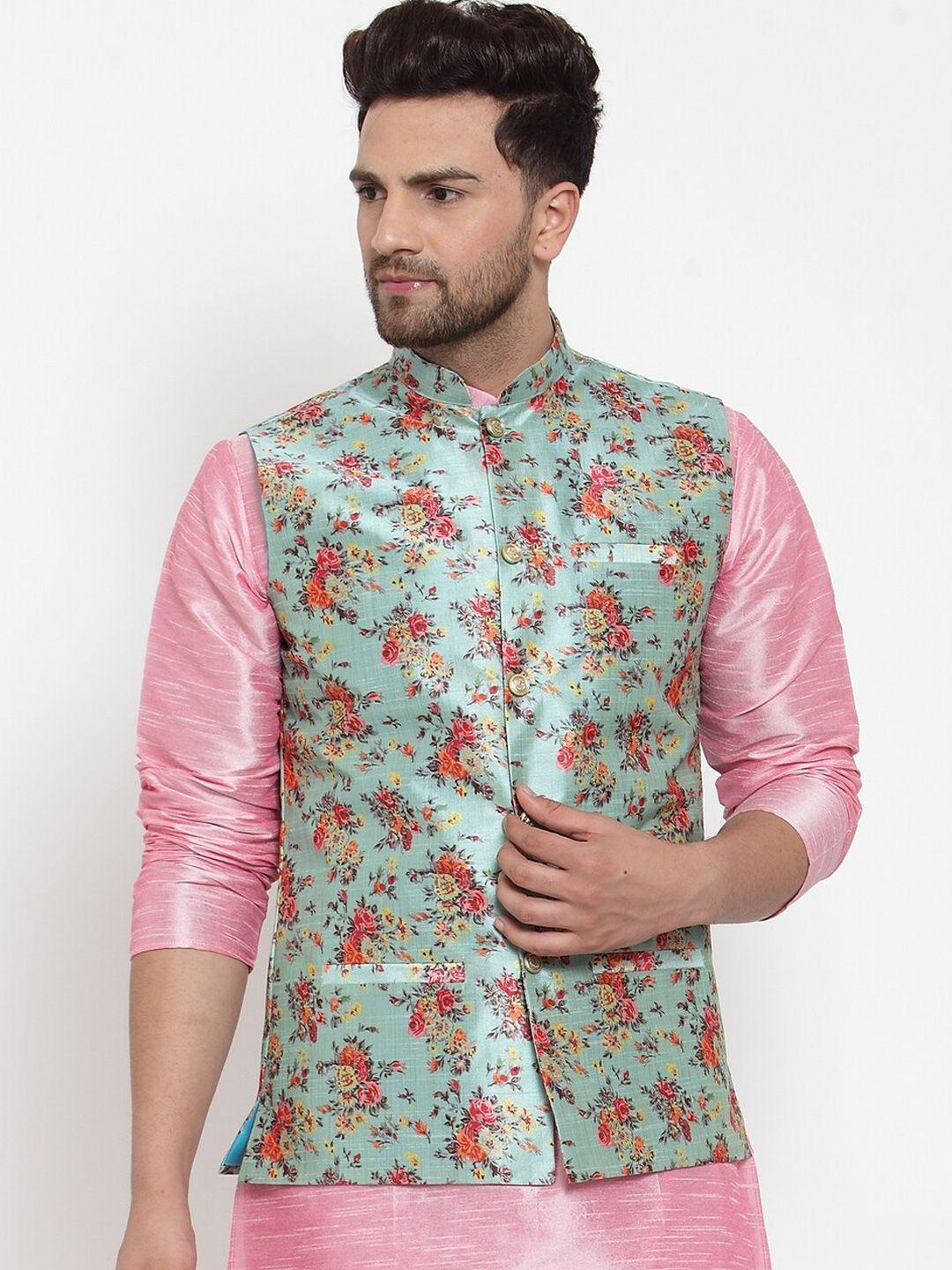 kraft india men turquoise blue & multicolored printed nehru jacket