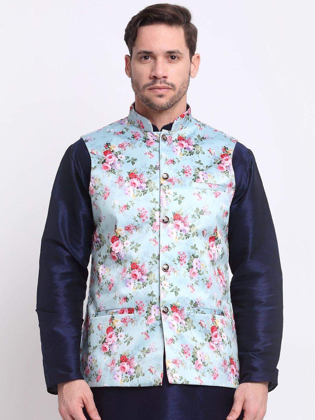 kraft india men turquoise blue & pink floral printed satin nehru jacket