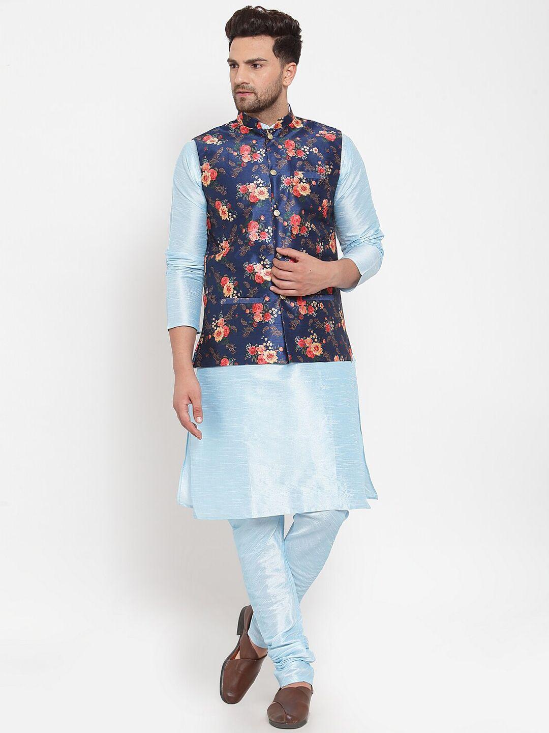 kraft india men turquoise blue solid dupion silk kurta with churidar & nehru jacket