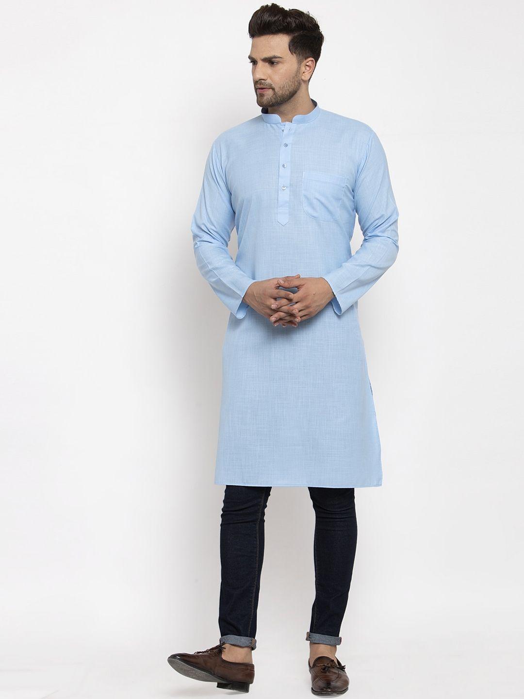 kraft india men turquoise blue solid straight kurta