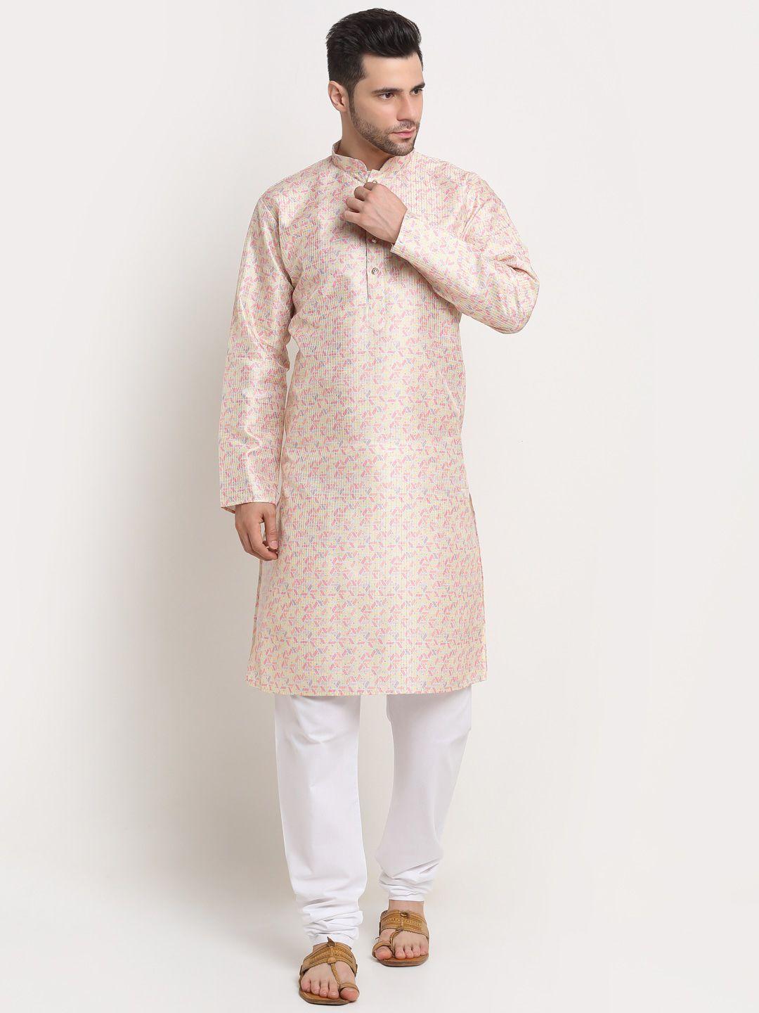 kraft india men yellow & pink embroidered straight kurta