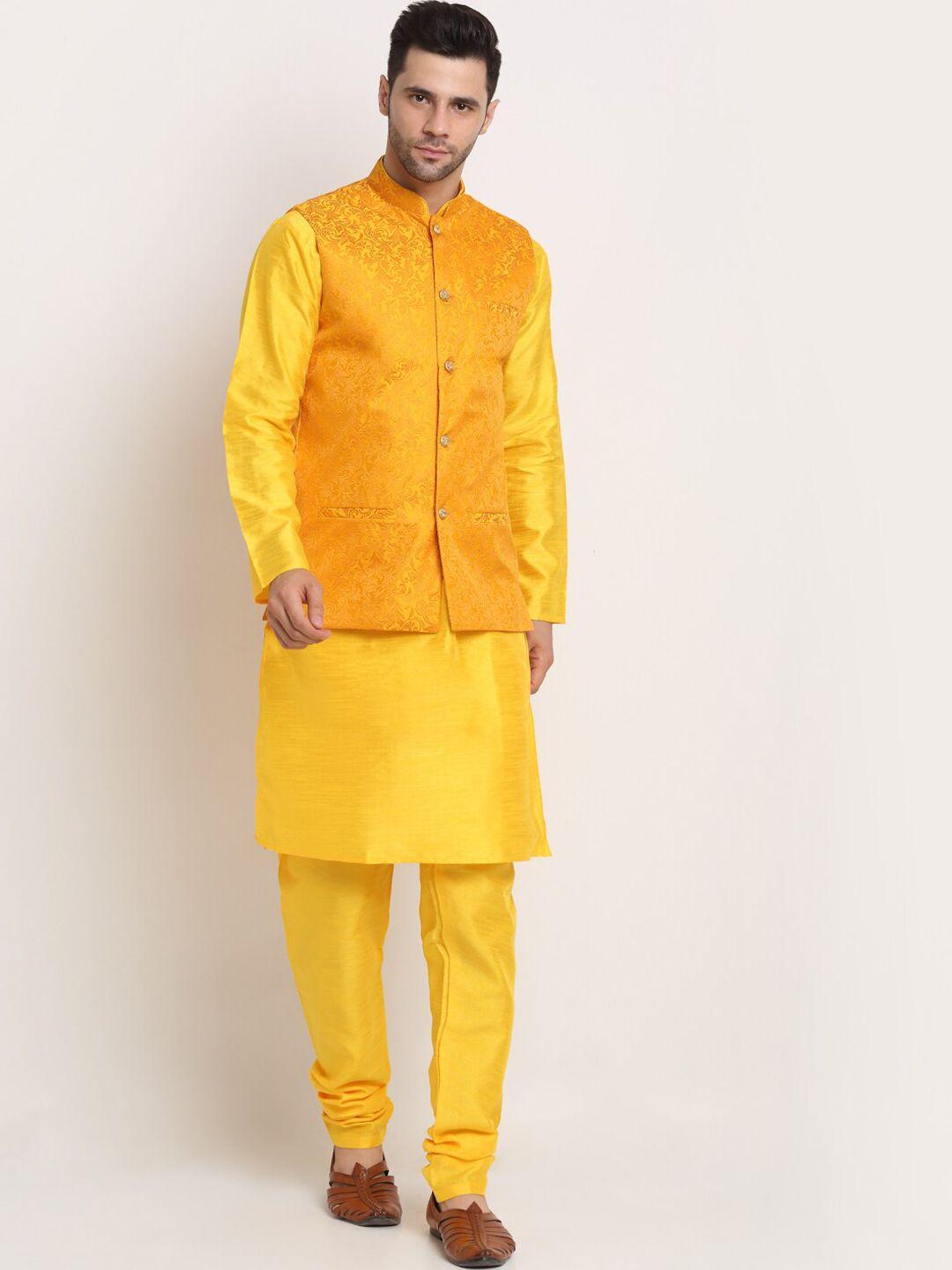 kraft india men yellow ethnic motifs kurta with churidar & jacket