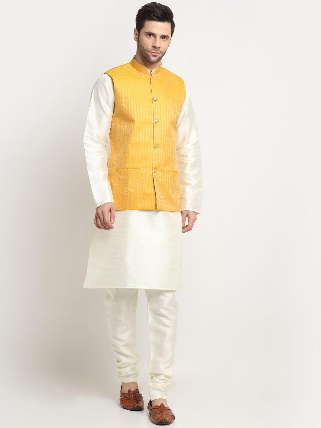 kraft india pure silk straight kurta with churidar and woven design nehru jacket